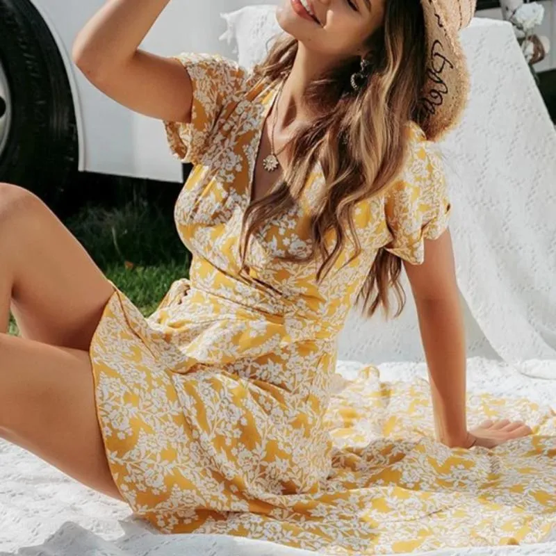 V-Neck Printed Boho Chic Summer Ruffled Short Sleeve Dress