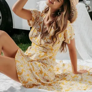 V-Neck Printed Boho Chic Summer Ruffled Short Sleeve Dress
