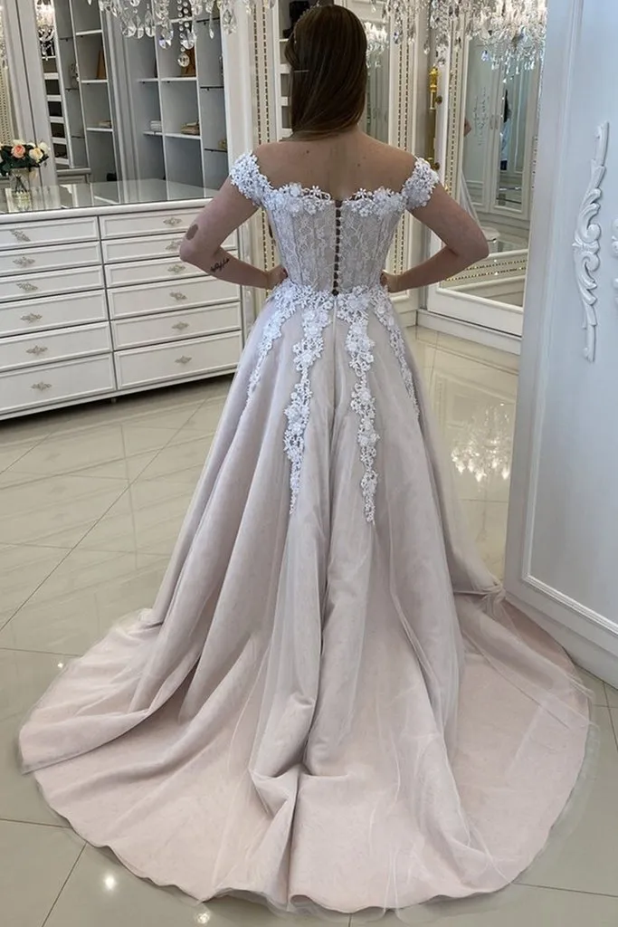 White A-Line Lace Long Prom Dress With Appliques CMS211203