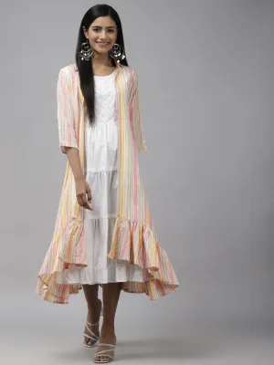 Women White Tiered Midi Dress With Stripe Jacket