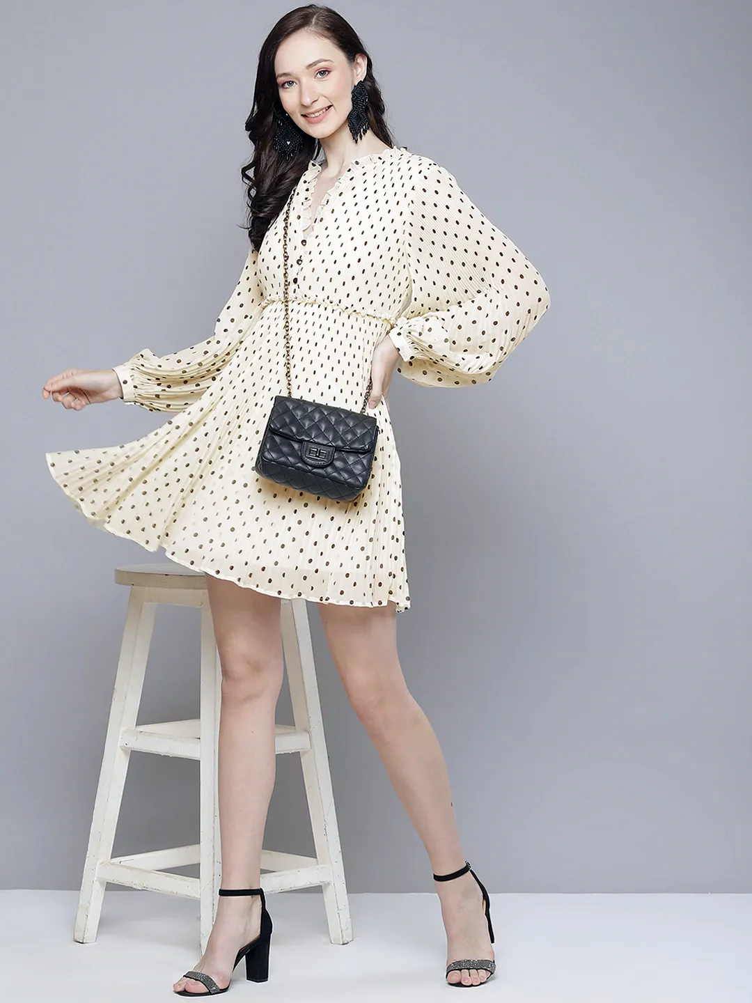 Women White With Black Polka Dot Pleated Dress