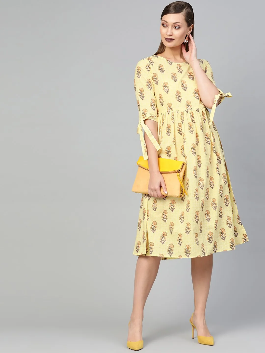 Women Yellow & Brown Floral Knee Length Dress