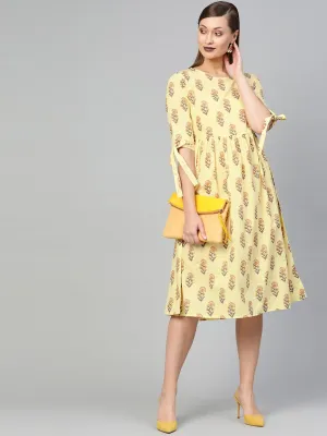 Women Yellow & Brown Floral Knee Length Dress