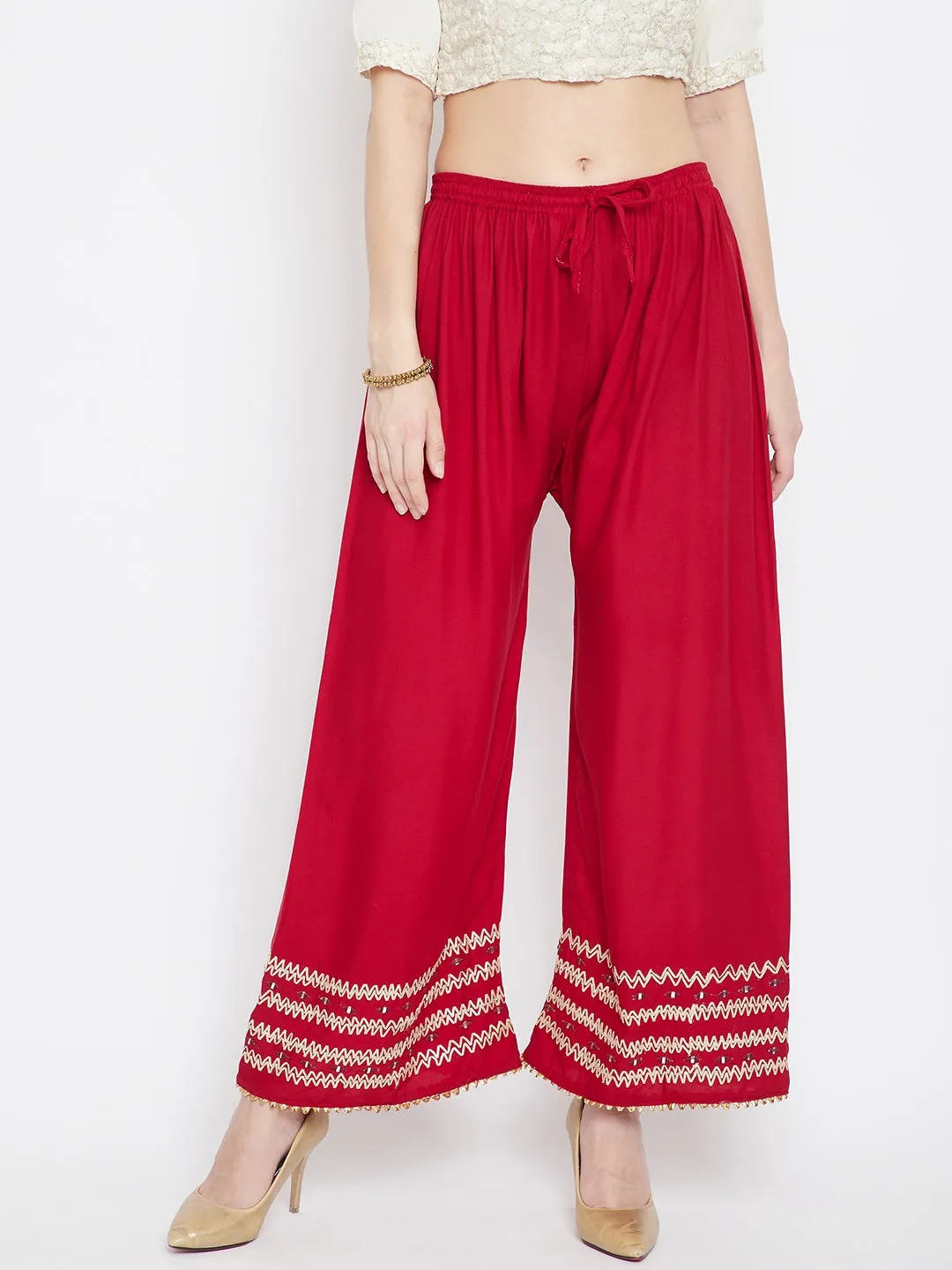 Women'S Red Embellished Straight Palazzo