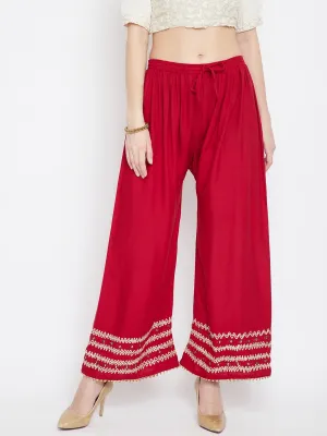 Women'S Red Embellished Straight Palazzo