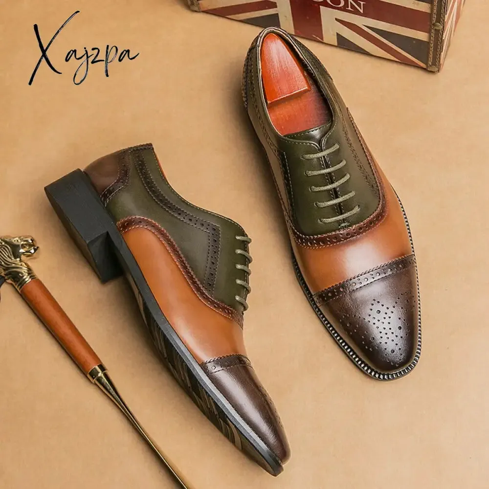 Xajzpa - New Men Dress Shoes Brogue Shoes Square Toe Mixed Colors Lace-up Business Shoes for Men