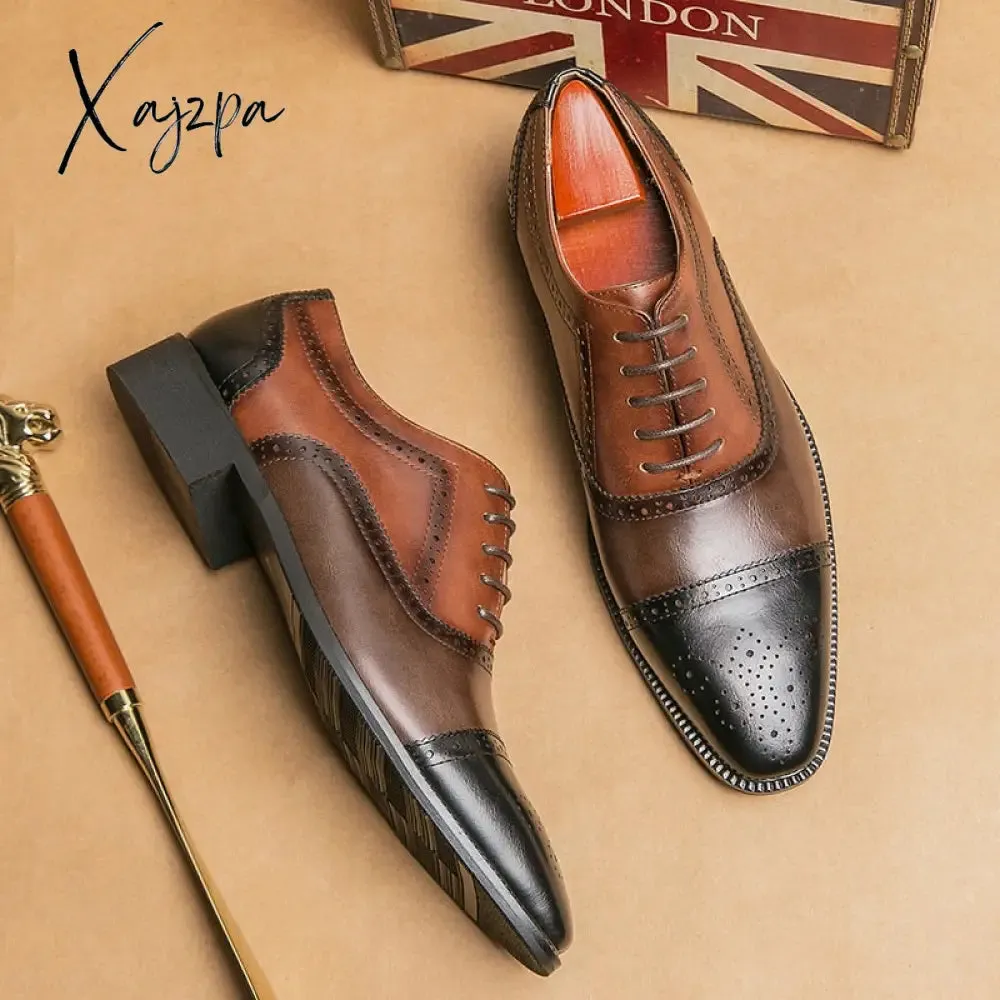 Xajzpa - New Men Dress Shoes Brogue Shoes Square Toe Mixed Colors Lace-up Business Shoes for Men